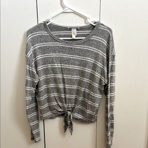 Gray Striped Long Sleeve Tee with Front Knot